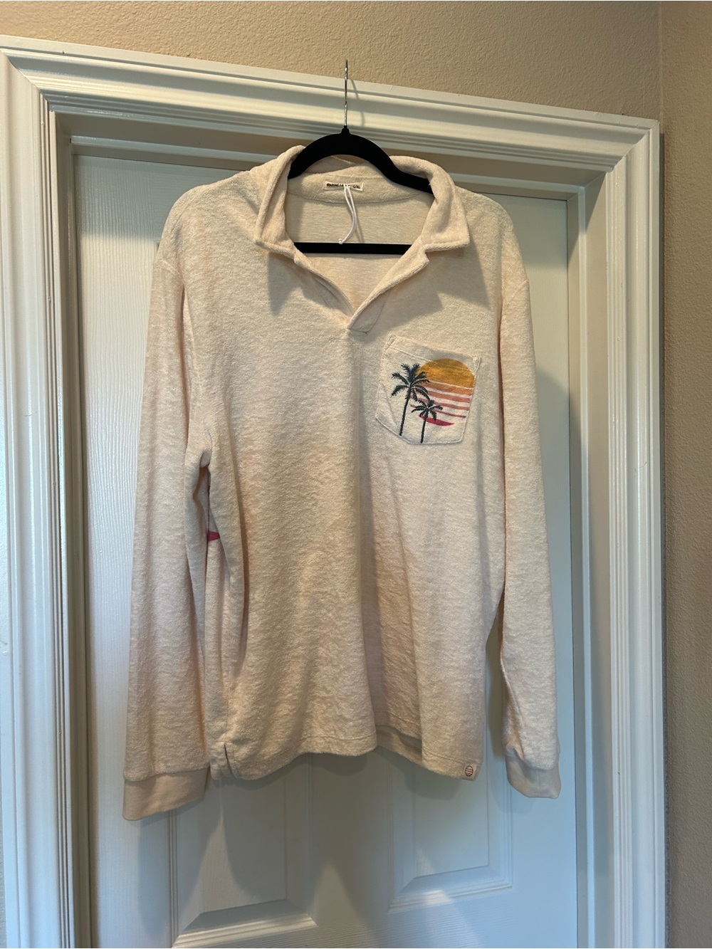 Marine Layer Men's Cream Long-Sleeve Terry Polo with Sunset Palm Pocket, NWOT